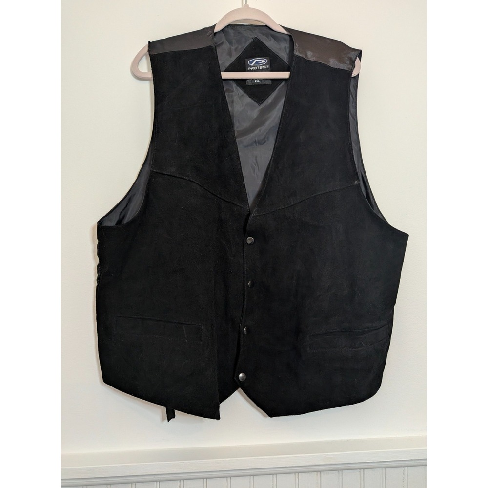 Protest Mens 2XL Black Genuine Suede Leather Vest Snap Front Adjustable Back